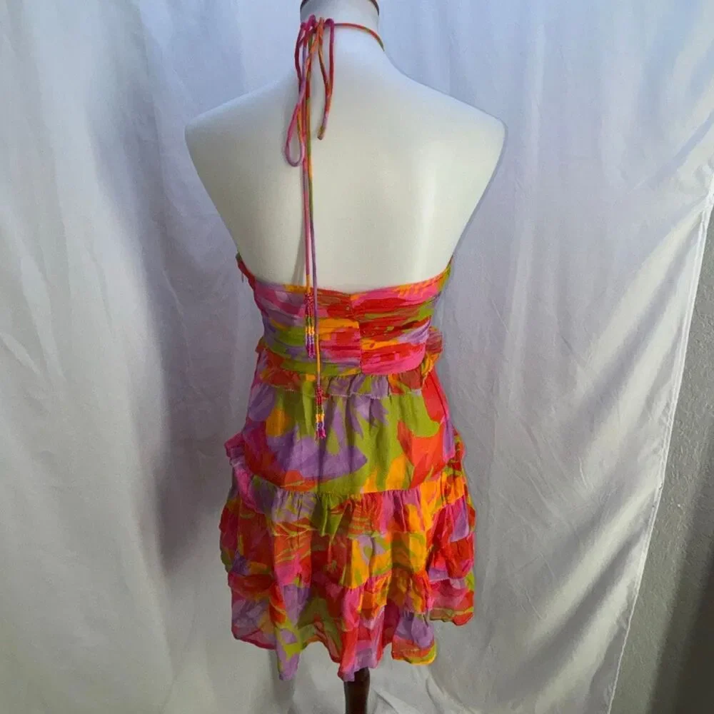 Farm Rio Colorful leaves halter ruffle tiered dress beaded tie XS EX cond - Picture 5 of 12